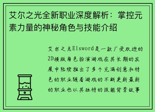 艾尔之光全新职业深度解析:掌控元素力量的神秘角色与技能介绍 艾尔之光全新职业深度解析:掌控元素力量的神秘角色与技能介绍